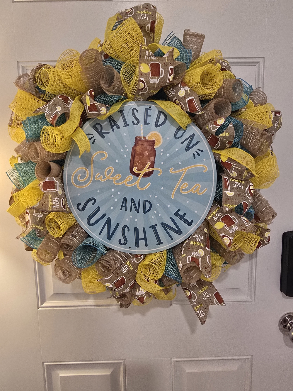 Raised on Sweet Tea and Sunshine Wreath - Yellow, Teal, Brown